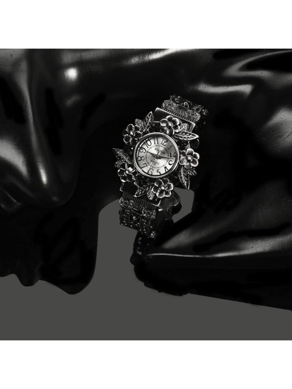 Women's Black Vintage Cuff Bangle Carved Flowers Analog Quartz Wrist Watch - Picture 6 of 7
